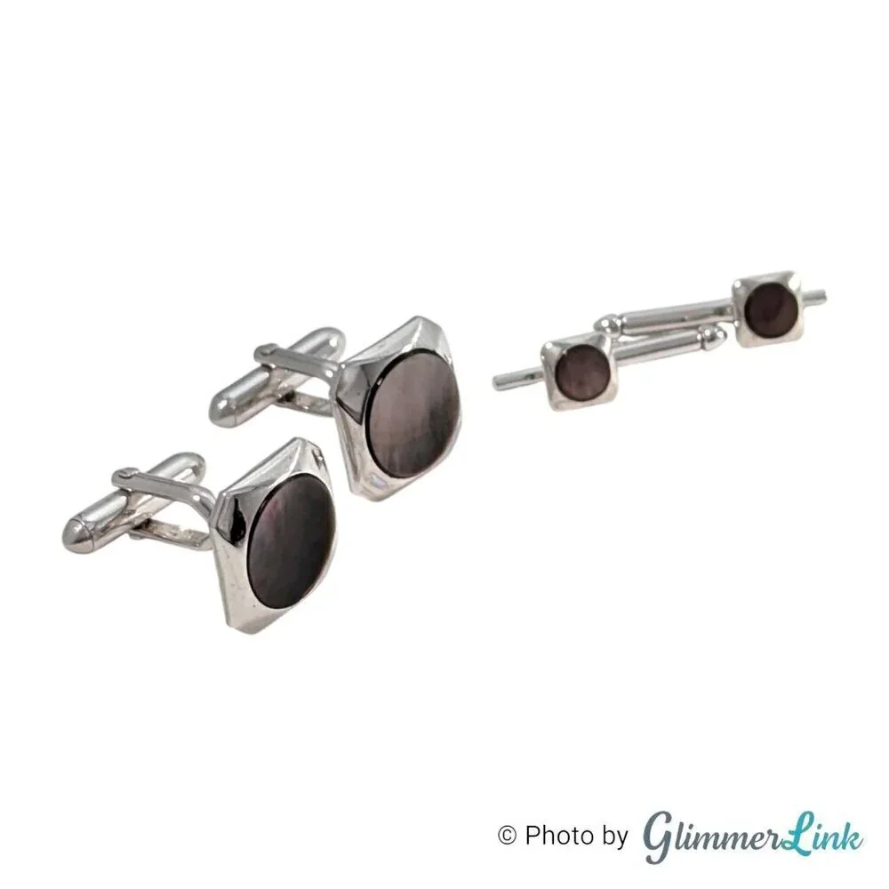 Vintage Swank Abalone Shell Art Deco Style Geometric Silver Tone Cufflink Set